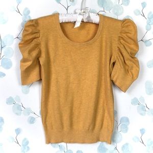 Forever 21 Gold Mustard Knit Top Gathered Sleeve Sweater “Vintage Roses Label”
